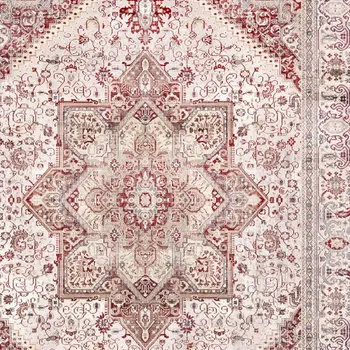 8' Ivory and Red Floral Medallion Distressed Non Skid Runner Rug
