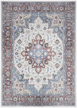 5' X 7' Ivory Red and Blue Medallion Distressed Non Skid Area Rug