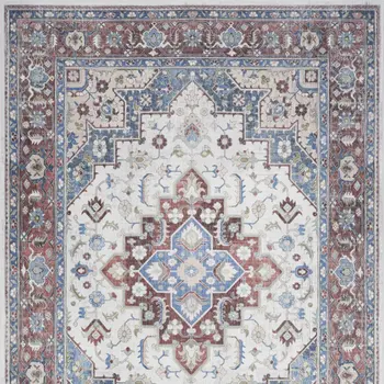 5' X 7' Ivory Red and Blue Medallion Distressed Non Skid Area Rug