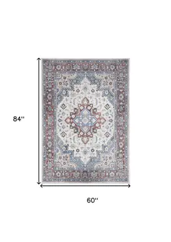 5' X 7' Ivory Red and Blue Medallion Distressed Non Skid Area Rug
