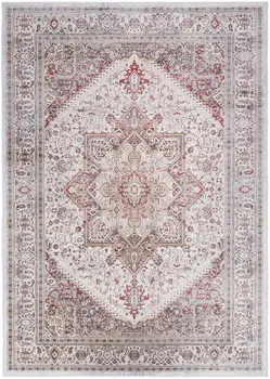 5' X 7' Red and Ivory Floral Medallion Distressed Non Skid Area Rug