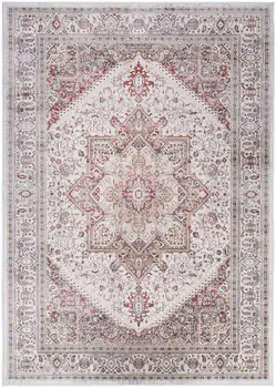 5' X 7' Red and Ivory Floral Medallion Distressed Non Skid Area Rug