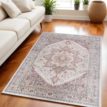 5' X 7' Red and Ivory Floral Medallion Distressed Non Skid Area Rug