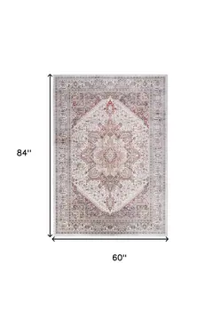 5' X 7' Red and Ivory Floral Medallion Distressed Non Skid Area Rug