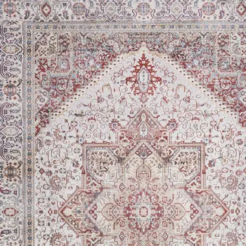 5' X 7' Red and Ivory Floral Medallion Distressed Non Skid Area Rug