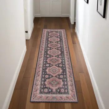 8' Navy Blue and Red Medallion Distressed Non Skid Runner Rug