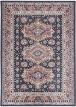 5' X 7' Navy Blue and Red Medallion Distressed Non Skid Area Rug
