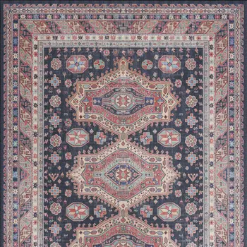 5' X 7' Navy Blue and Red Medallion Distressed Non Skid Area Rug