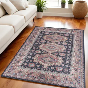 5' X 7' Navy Blue and Red Medallion Distressed Non Skid Area Rug