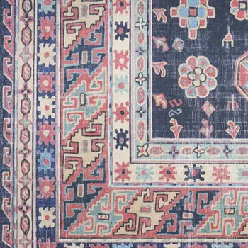 5' X 7' Navy Blue and Red Medallion Distressed Non Skid Area Rug