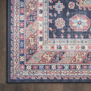 5' X 7' Navy Blue and Red Medallion Distressed Non Skid Area Rug
