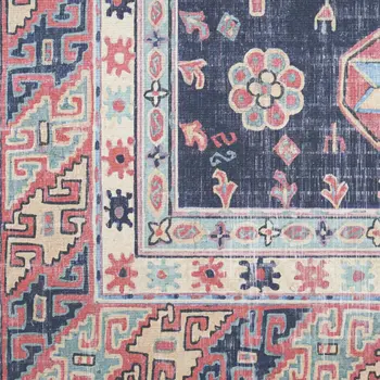 5' X 7' Navy Blue and Red Medallion Distressed Non Skid Area Rug