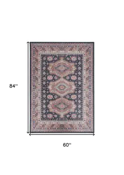 5' X 7' Navy Blue and Red Medallion Distressed Non Skid Area Rug