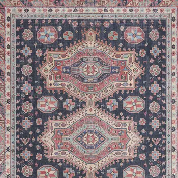 5' X 7' Navy Blue and Red Medallion Distressed Non Skid Area Rug