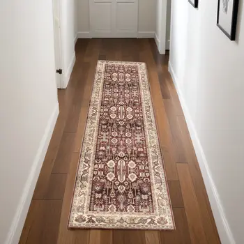 8' Red and Ivory Oriental Distressed Non Skid Runner Rug