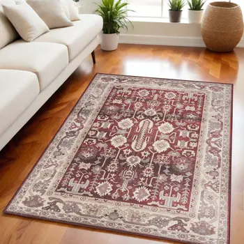 5' X 7' Red and Ivory Oriental Distressed Non Skid Area Rug