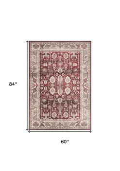 5' X 7' Red and Ivory Oriental Distressed Non Skid Area Rug