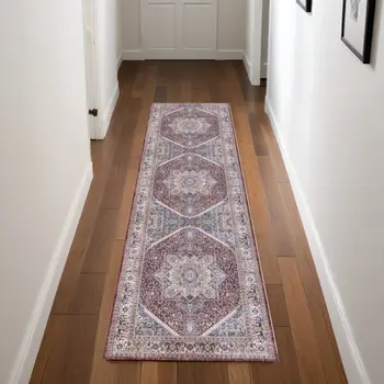 8' Blue and Red Floral Medallion Distressed Non Skid Runner Rug