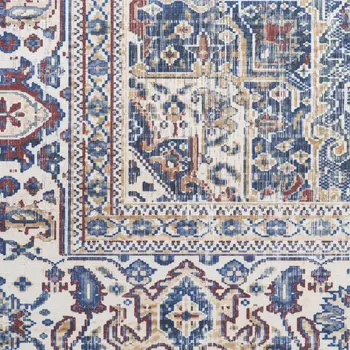 8' Blue and Red Floral Medallion Distressed Non Skid Runner Rug