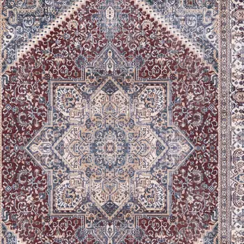 8' Blue and Red Floral Medallion Distressed Non Skid Runner Rug