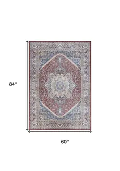 5' X 7' Blue and Red Floral Medallion Distressed Non Skid Area Rug
