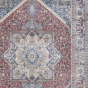 5' X 7' Blue and Red Floral Medallion Distressed Non Skid Area Rug
