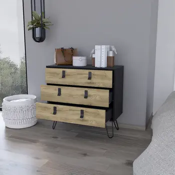 32" Natural and Black Three Drawer Dresser