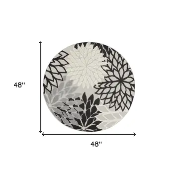 4' Black And White Round Floral Indoor Outdoor Area Rug