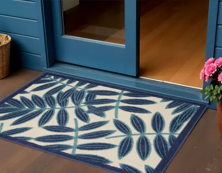 3' X 4' Navy Blue And Ivory Botanical Leaves Indoor Outdoor Area Rug