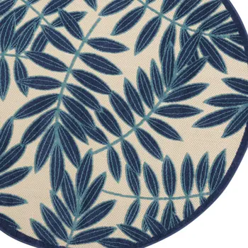 4' Navy Blue And Ivory Round Botanical Leaves Indoor Outdoor Area Rug