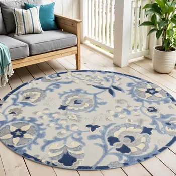 4' Blue And Gray Round Floral Indoor Outdoor Area Rug