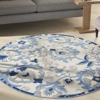 4' Blue And Gray Round Floral Indoor Outdoor Area Rug