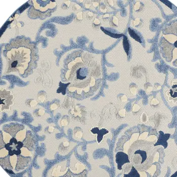4' Blue And Gray Round Floral Indoor Outdoor Area Rug