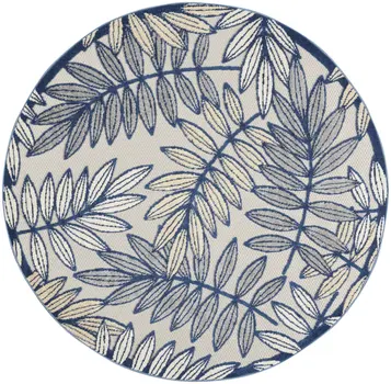 4' Navy Blue And Ivory Round Botanical Leaves Indoor Outdoor Area Rug