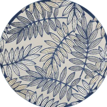 4' Navy Blue And Ivory Round Botanical Leaves Indoor Outdoor Area Rug