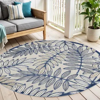 4' Navy Blue And Ivory Round Botanical Leaves Indoor Outdoor Area Rug