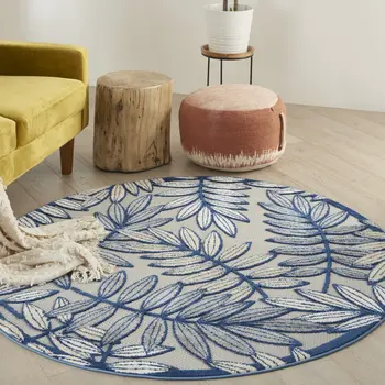 4' Navy Blue And Ivory Round Botanical Leaves Indoor Outdoor Area Rug