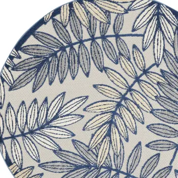 4' Navy Blue And Ivory Round Botanical Leaves Indoor Outdoor Area Rug