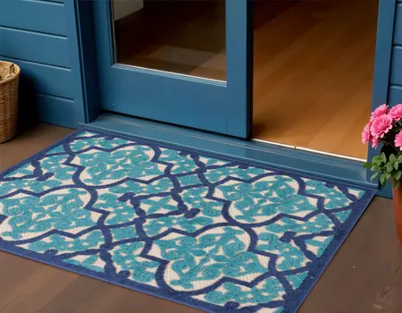 3' X 4' Navy Blue Ivory And Blue Trellis Indoor Outdoor Area Rug