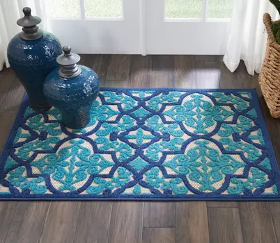 3' X 4' Navy Blue Ivory And Blue Trellis Indoor Outdoor Area Rug