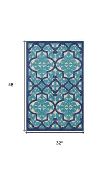 3' X 4' Navy Blue Ivory And Blue Trellis Indoor Outdoor Area Rug