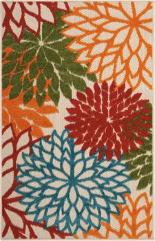 3' X 4' Green Orange And Red Floral Indoor Outdoor Area Rug