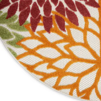 4' Red Green Orange Yellow And Ivory Round Floral Indoor Outdoor Area Rug