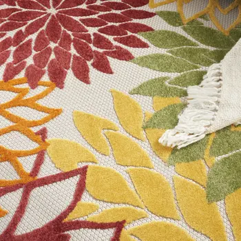 4' Red Green Orange Yellow And Ivory Round Floral Indoor Outdoor Area Rug