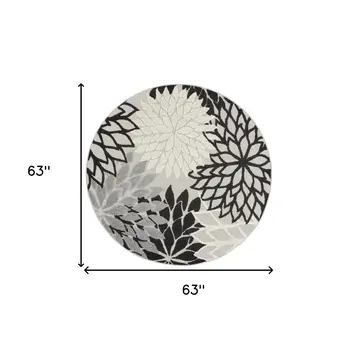 5' Black And White Round Floral Indoor Outdoor Area Rug