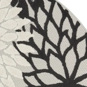 5' Black And White Round Floral Indoor Outdoor Area Rug