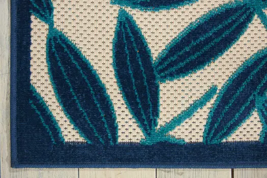 4' X 6' Navy Blue And Beige Palm Leaf Indoor Outdoor Area Rug