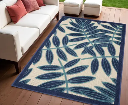 4' X 6' Navy Blue And Beige Palm Leaf Indoor Outdoor Area Rug