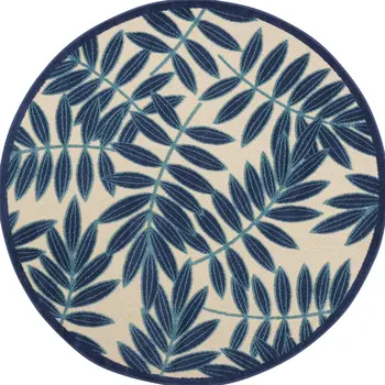 5' Navy Blue And Beige Round Palm Leaf Indoor Outdoor Area Rug