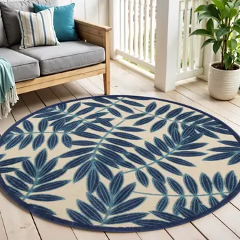 5' Navy Blue And Beige Round Palm Leaf Indoor Outdoor Area Rug